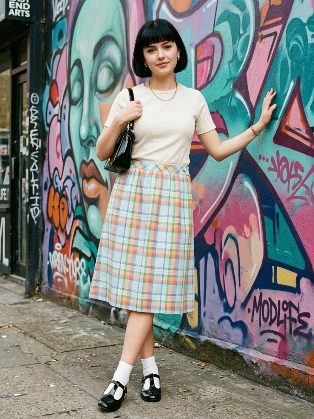 Vintage Pastel Plaid Midi Skirt - Cream, Pink, Blue, Yellow, Green